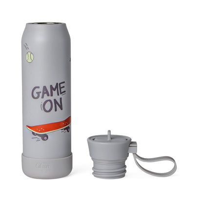 Lil Bunnies - The Collective 350ml grey stainless steel water bottle with Game On skateboard print and carry loop