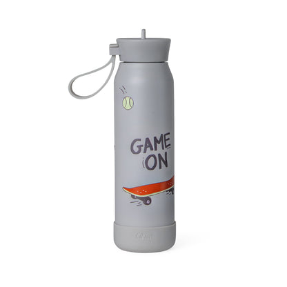 Lil Bunnies - The Collective 350ml grey water bottle with Game On skateboard graphic and silicone carry loop