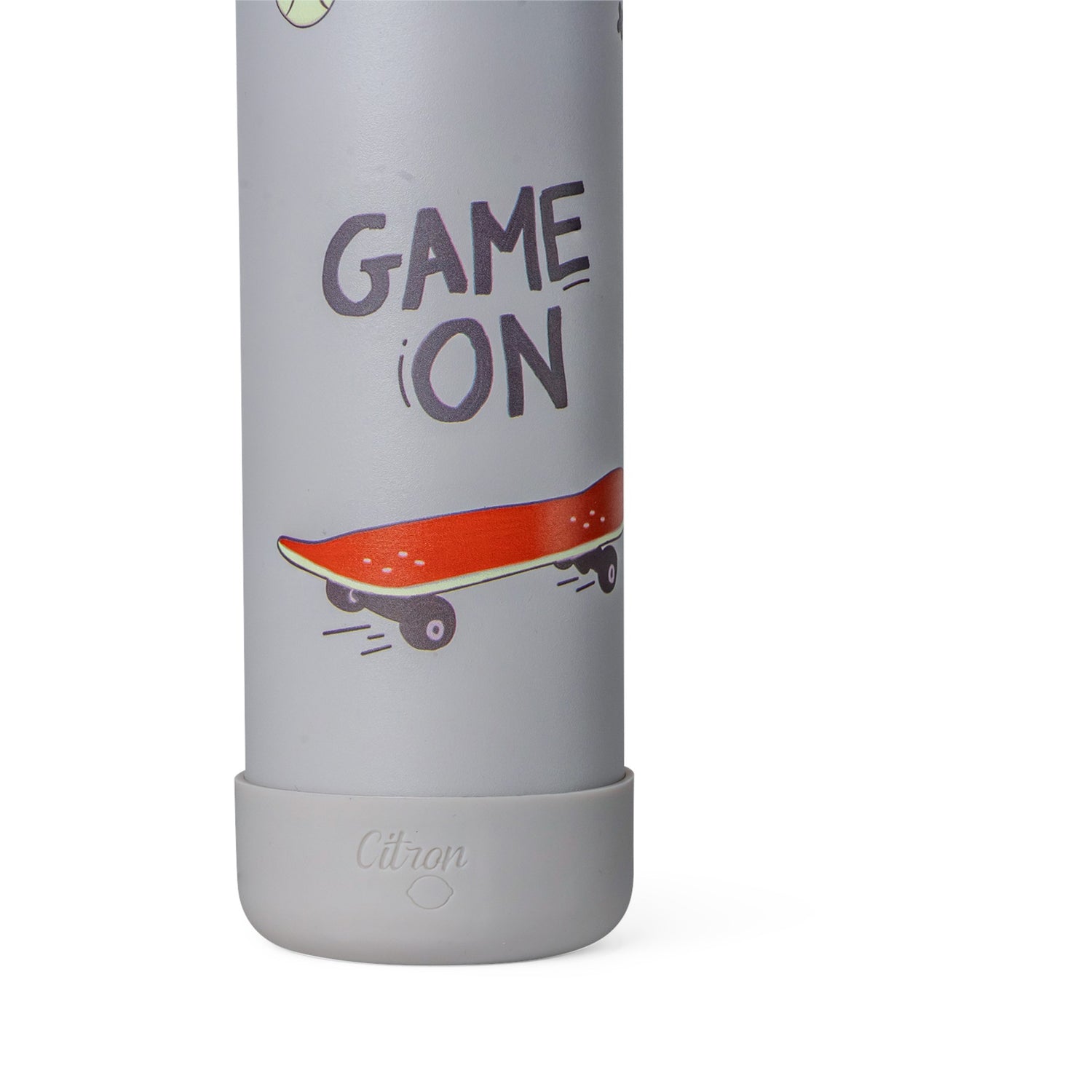 Lil Bunnies - The Collective 350ml grey water bottle featuring a skateboard graphic and Game On text