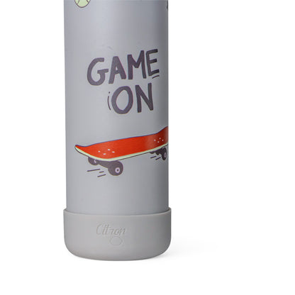 Lil Bunnies - The Collective 350ml grey water bottle featuring a skateboard graphic and Game On text