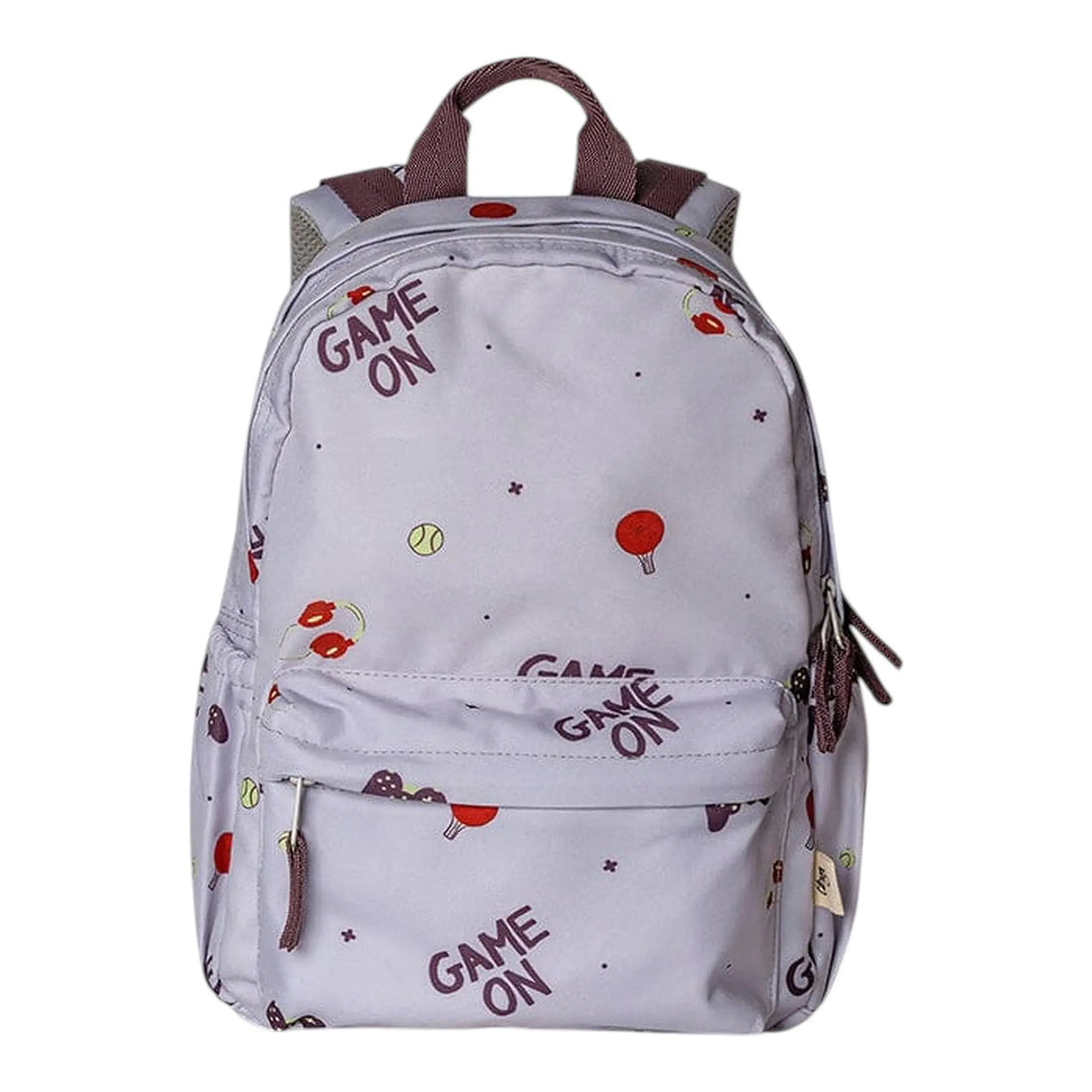 Lil Bunnies - The Collective medium backpack in light grey with a fun sports-themed Game On print and brown straps.