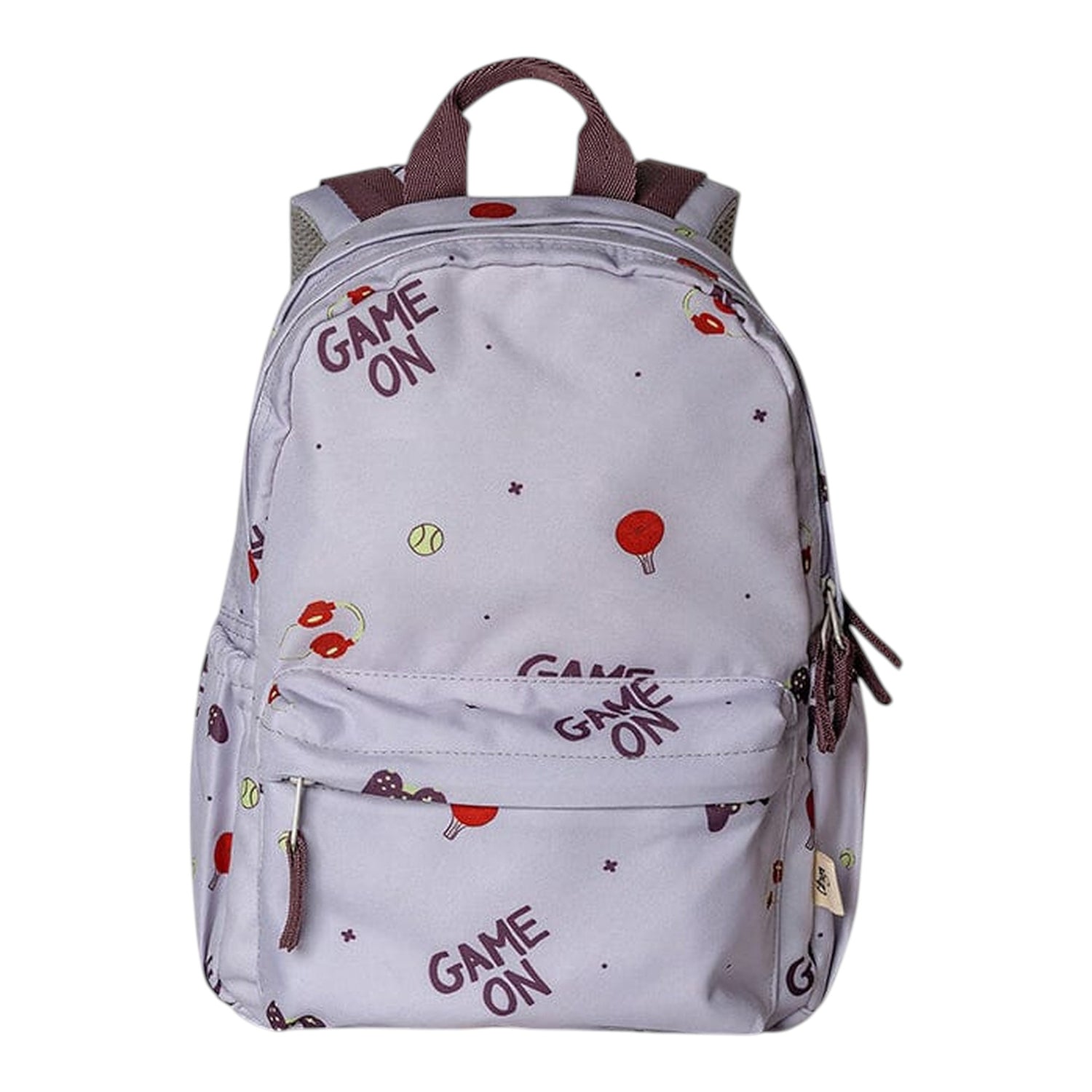 Lil Bunnies - The Collective medium backpack in light grey with a fun sports-themed Game On print and brown straps.