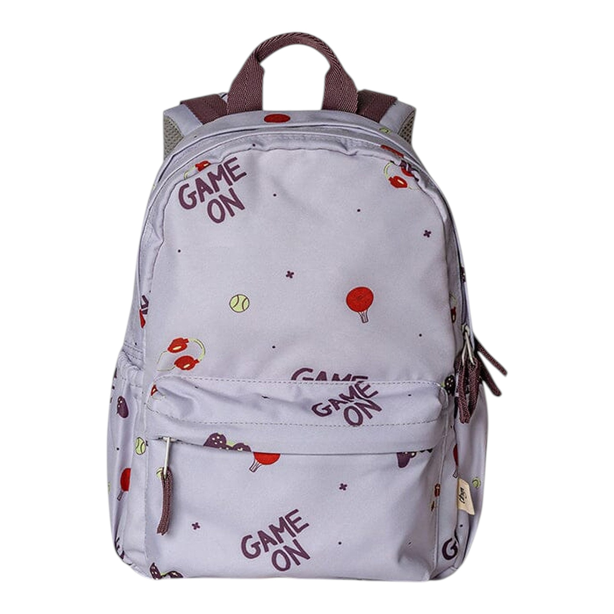 Lil Bunnies - The Collective medium backpack in light grey with a fun sports-themed Game On print and brown straps.