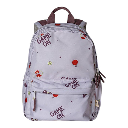 Lil Bunnies - The Collective medium backpack in light grey with a fun sports-themed Game On print and brown straps.