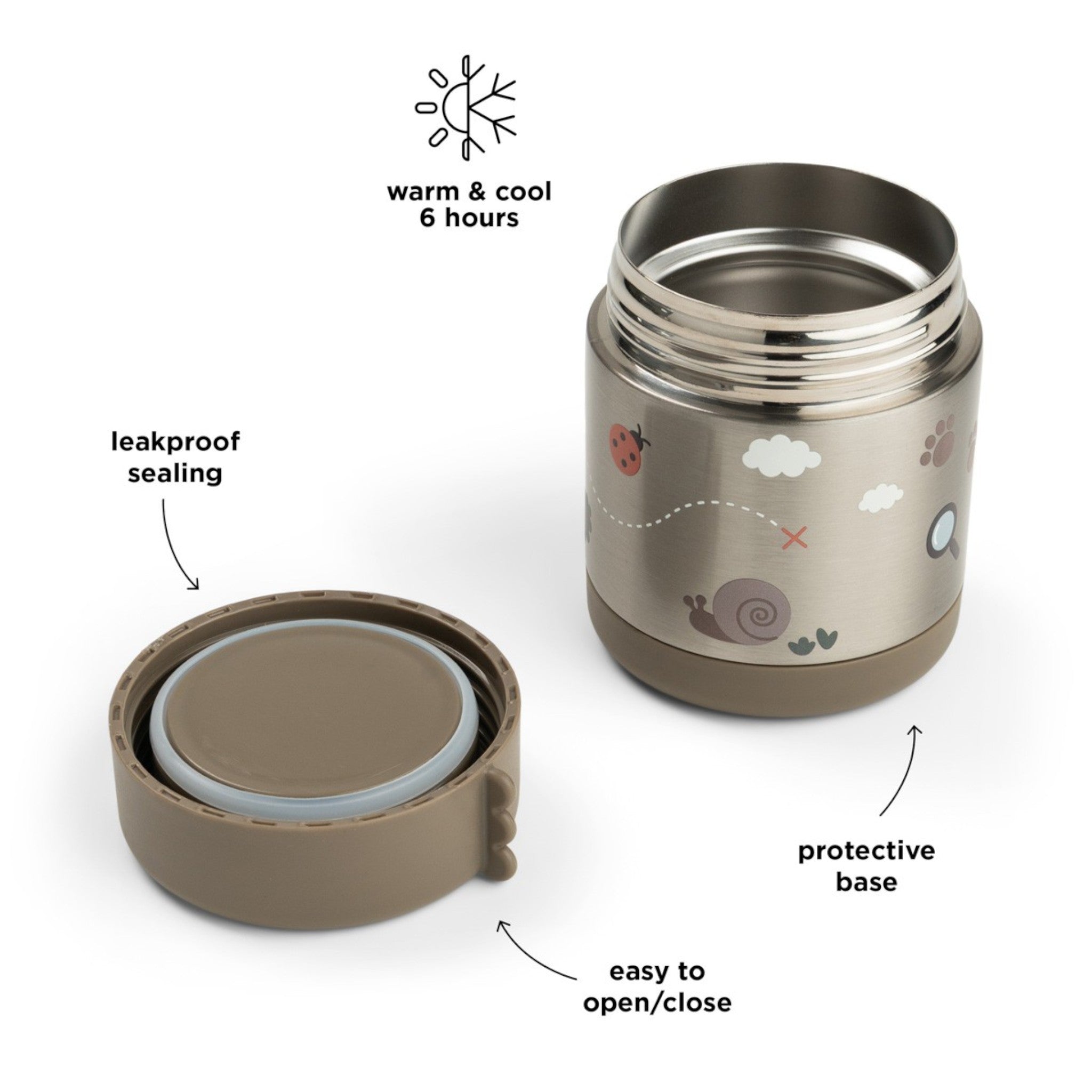 Lil Bunnies - The Collective 300ml insulated food jar in sand with cute snail and ladybug trail pattern
