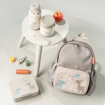 Lil Bunnies - The Collective insulated food jar in sand with cute animal illustrations, displayed with matching gear.