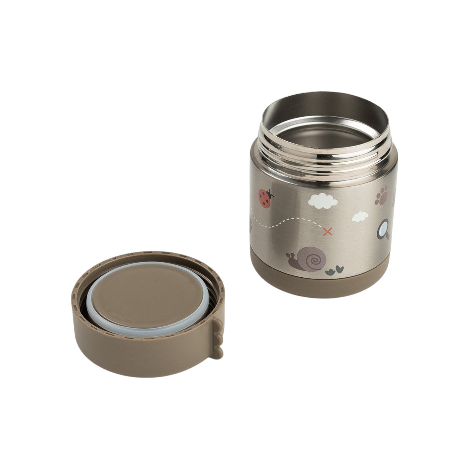 Lil Bunnies - The Collective 300ml insulated food jar in sand with cute snail and nature trail pattern and open lid