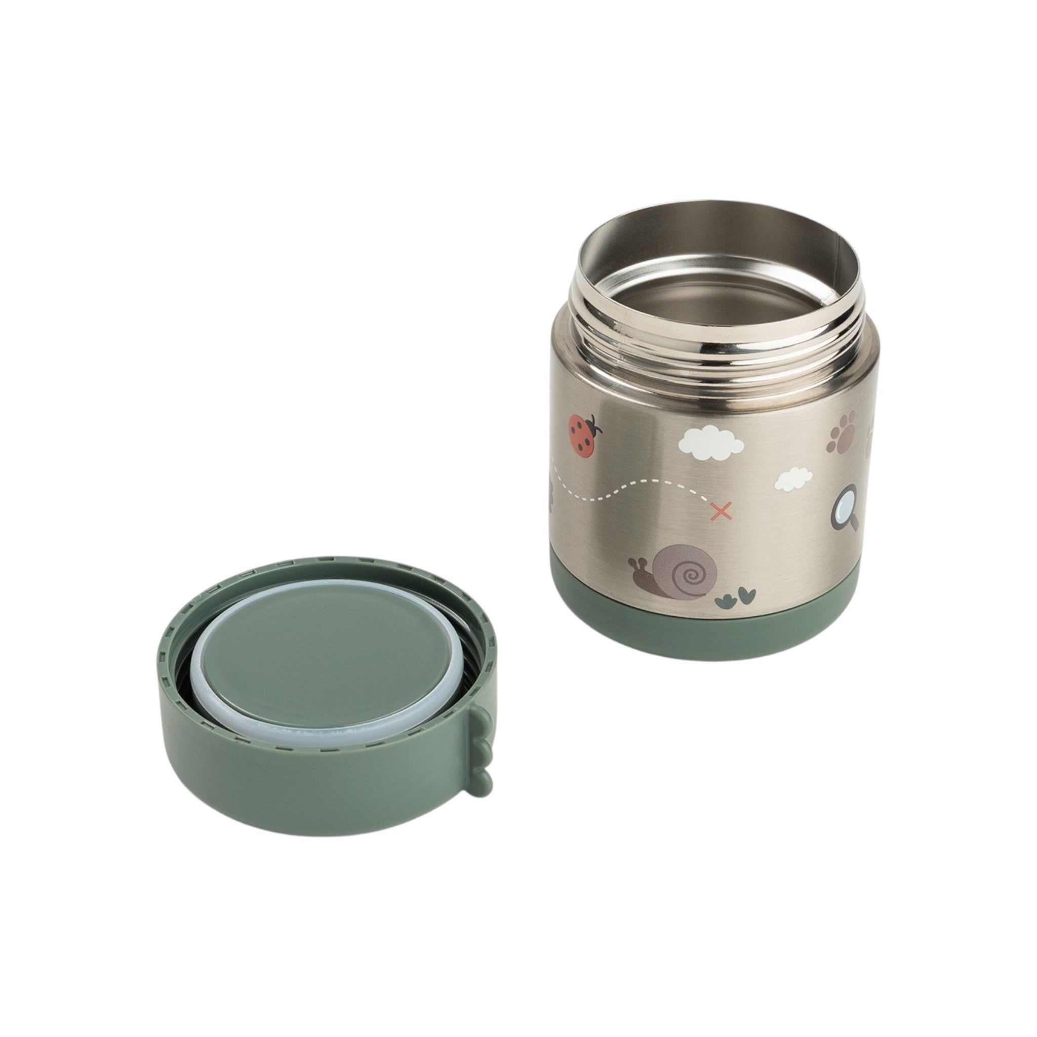 Lil Bunnies - The Collective 300ml insulated food jar in green with a stainless steel body and cute nature pattern.