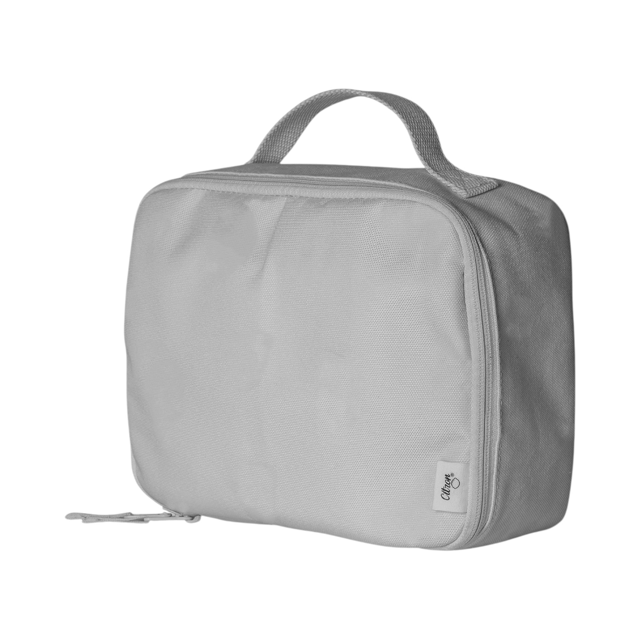 Lil Bunnies - The Collective insulated square lunch bag in light grey with a top handle and zipper closure.