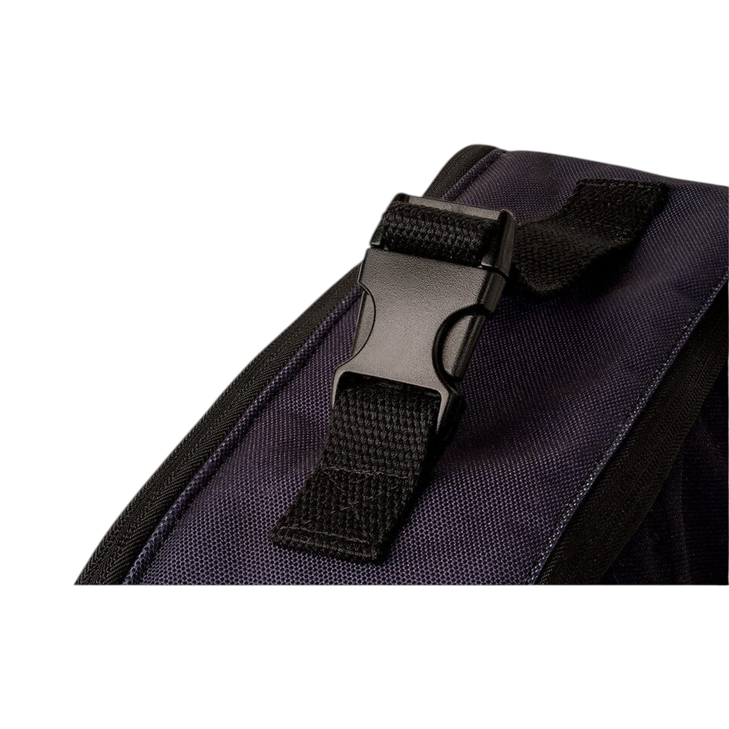 Close-up of a black plastic buckle on a dark navy insulated lunch bag from Lil Bunnies - The Collective