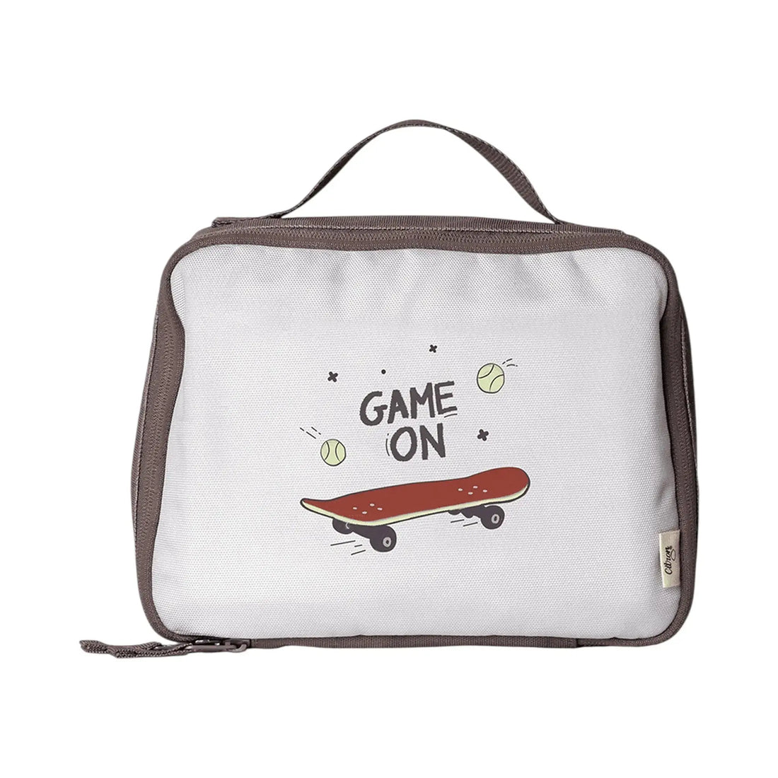 Lil Bunnies - The Collective insulated square lunch bag in white with a skateboard and tennis ball Game On print
