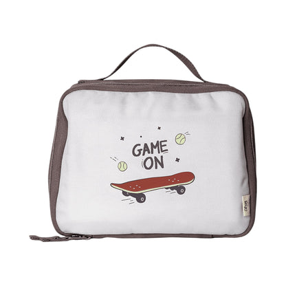 Lil Bunnies - The Collective insulated square lunch bag in white with a skateboard and tennis ball Game On print