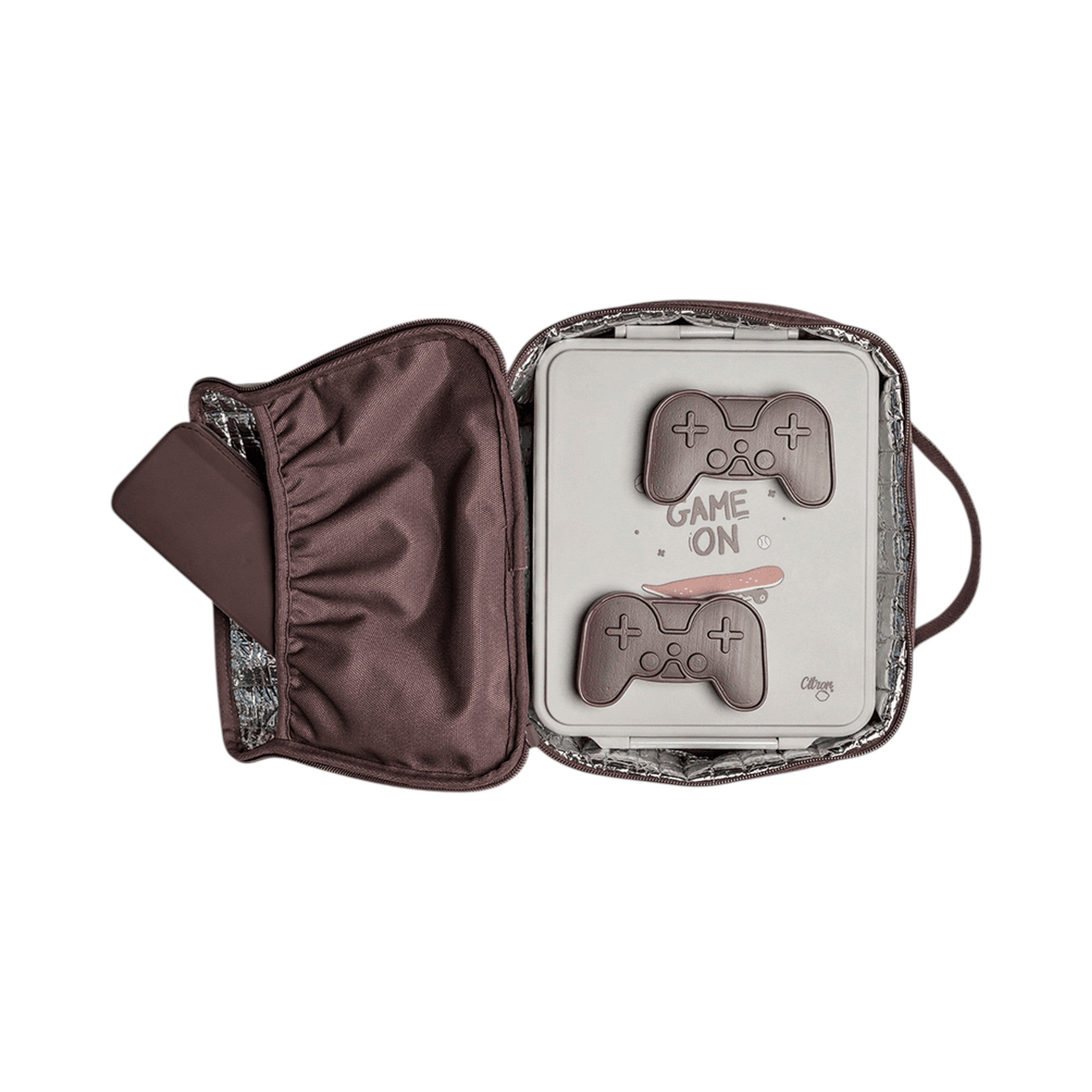 Lil Bunnies - The Collective insulated square lunch bag in dark brown with a game controller themed lunch box inside