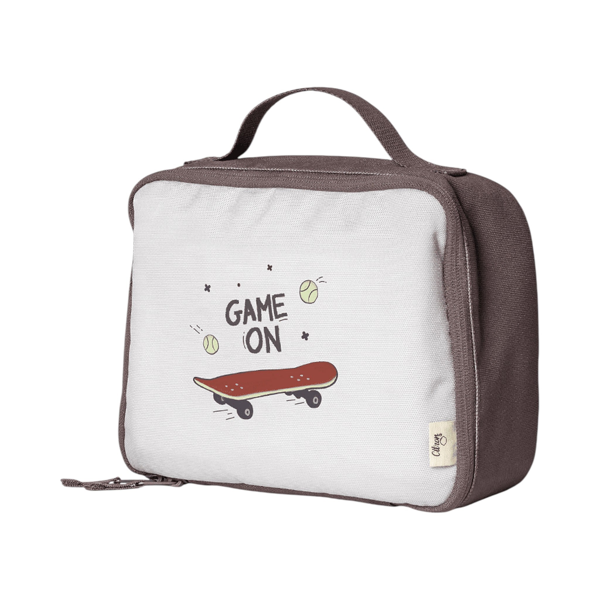 Lil Bunnies - The Collective insulated square lunch bag in brown and white with a skateboard and Game On print.