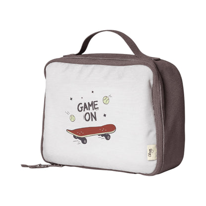 Lil Bunnies - The Collective insulated square lunch bag in brown and white with a skateboard and Game On print.