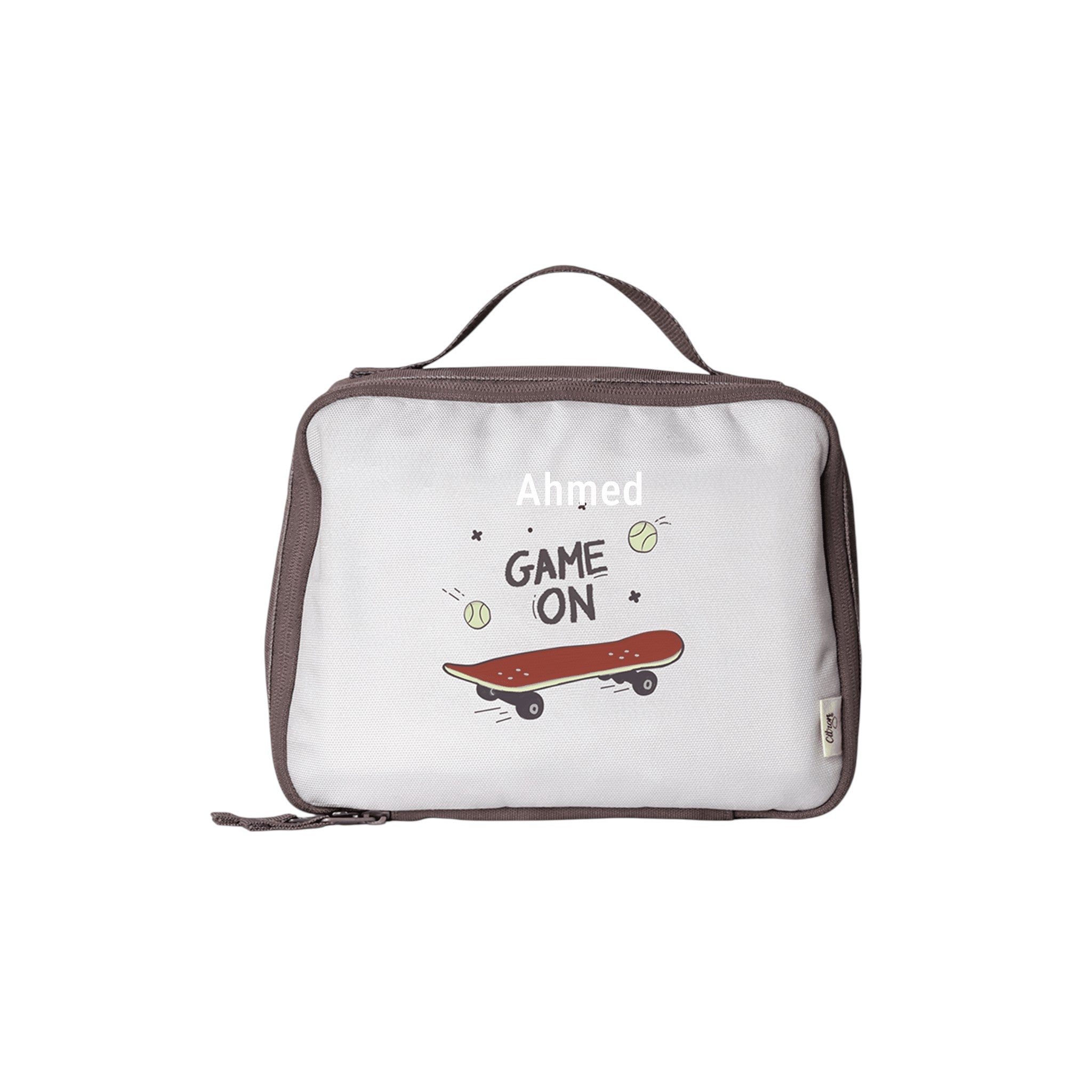 Lil Bunnies - The Collective insulated square lunch bag featuring a skateboard graphic and personalized name Ahmed