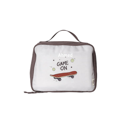 Lil Bunnies - The Collective insulated square lunch bag featuring a skateboard graphic and personalized name Ahmed