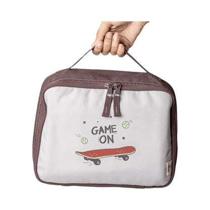Lil Bunnies - The Collective insulated square lunch bag in grey with a skateboard print and Game On text