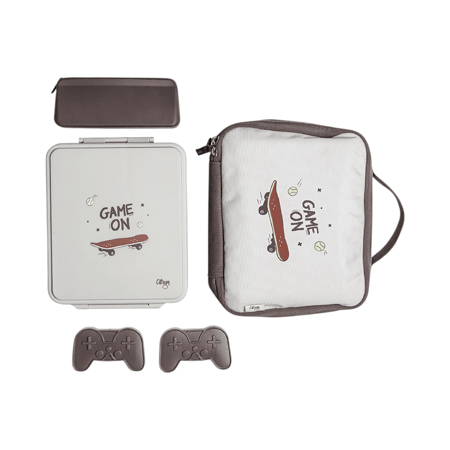 Lil Bunnies - The Collective insulated square lunch bag set with skateboard print, grey case, and controller magnets