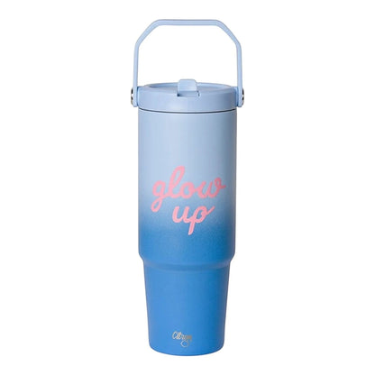 Lil Bunnies - The Collective 900ml insulated tumbler in a purple to blue gradient with pink glow up text and handle.