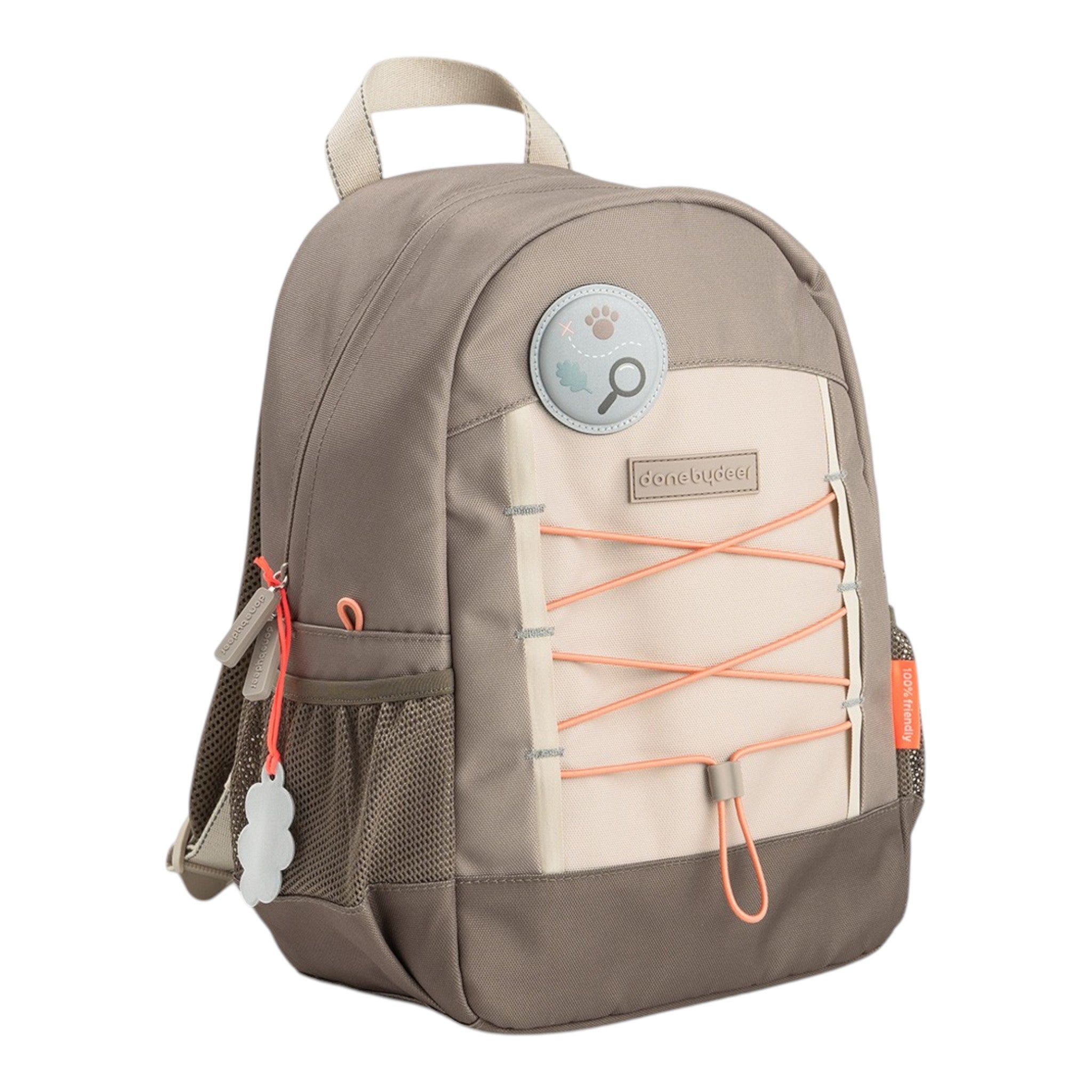 Lil Bunnies - The Collective Junior Backpack in sand colour with front bungee cord, mesh side pockets, and logo patch.