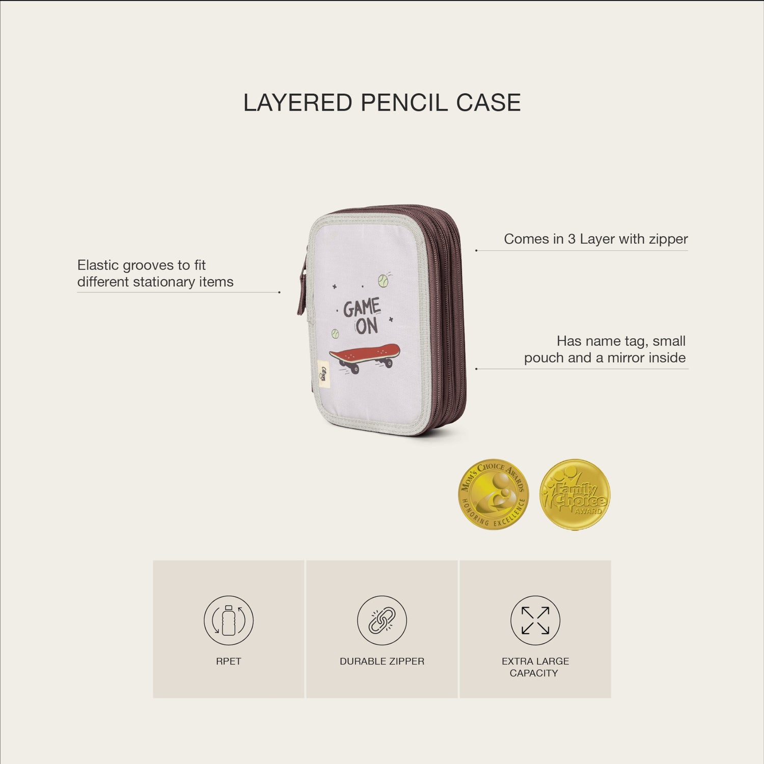 Lil Bunnies - The Collective layered pencil case with skateboard graphic, three zippered compartments, and mirror.