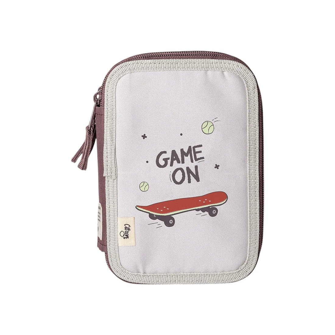 Lil Bunnies - The Collective layered pencil case in light grey with a skateboard and Game On print