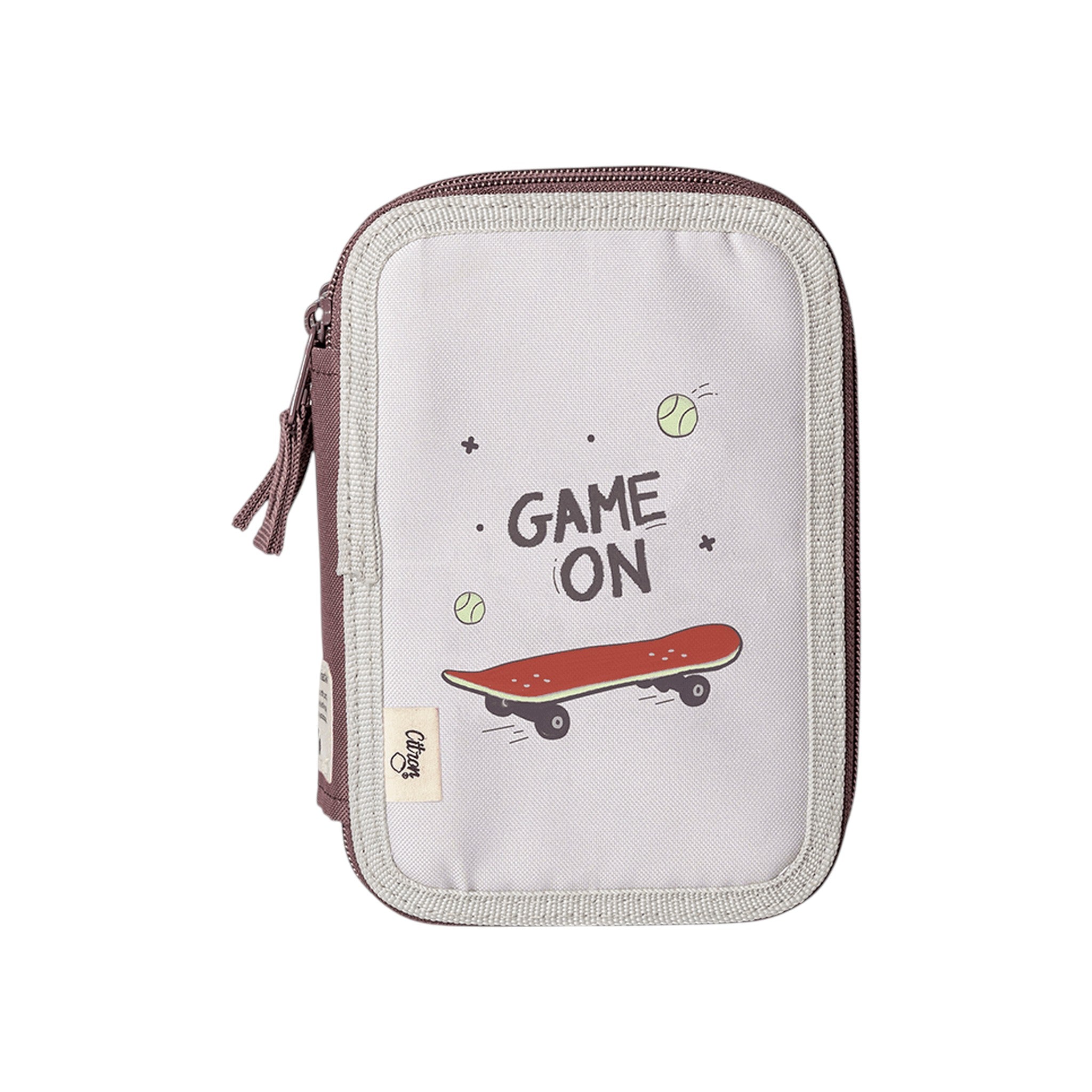 Lil Bunnies - The Collective layered pencil case in light grey with a skateboard and Game On print