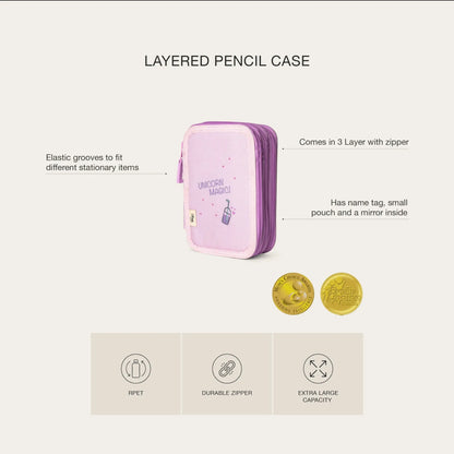Lil Bunnies - The Collective layered pencil case in light purple with Unicorn Magic print and two award medals