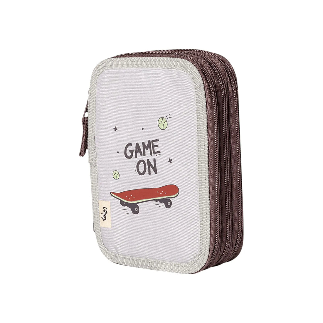 Lil Bunnies - The Collective layered pencil case in grey with a skateboard and Game On print for kids