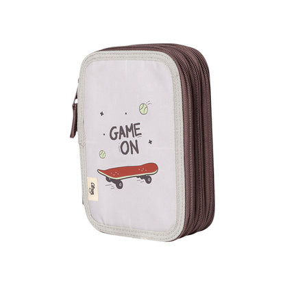 Lil Bunnies - The Collective layered pencil case in grey with a skateboard and Game On print for kids