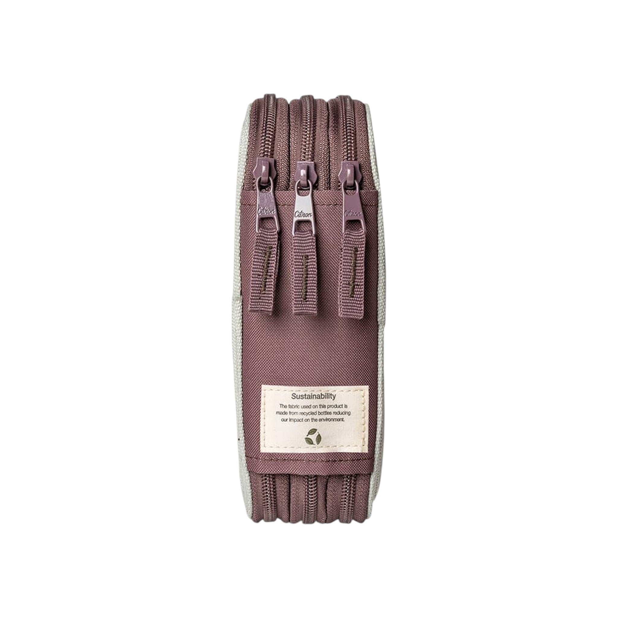 Lil Bunnies - The Collective layered pencil case in mauve with three zippered compartments and recycled fabric label