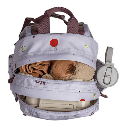 Lil Bunnies - The Collective medium backpack in light grey with sports print, featuring open compartments and straps.