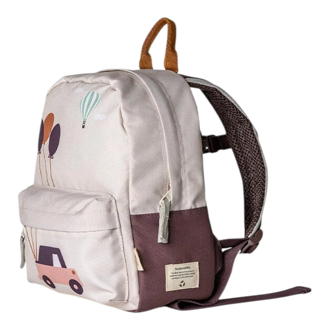 Lil Bunnies - The Collective mini backpack in cream and brown featuring a cute vehicle and balloon print design.