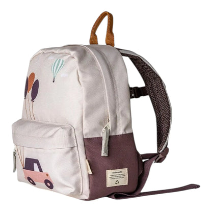 Lil Bunnies - The Collective mini backpack in cream and brown featuring a cute vehicle and balloon print design.