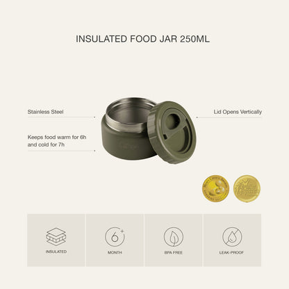 Lil Bunnies - The Collective 250ml olive green insulated food jar with open lid and award seals