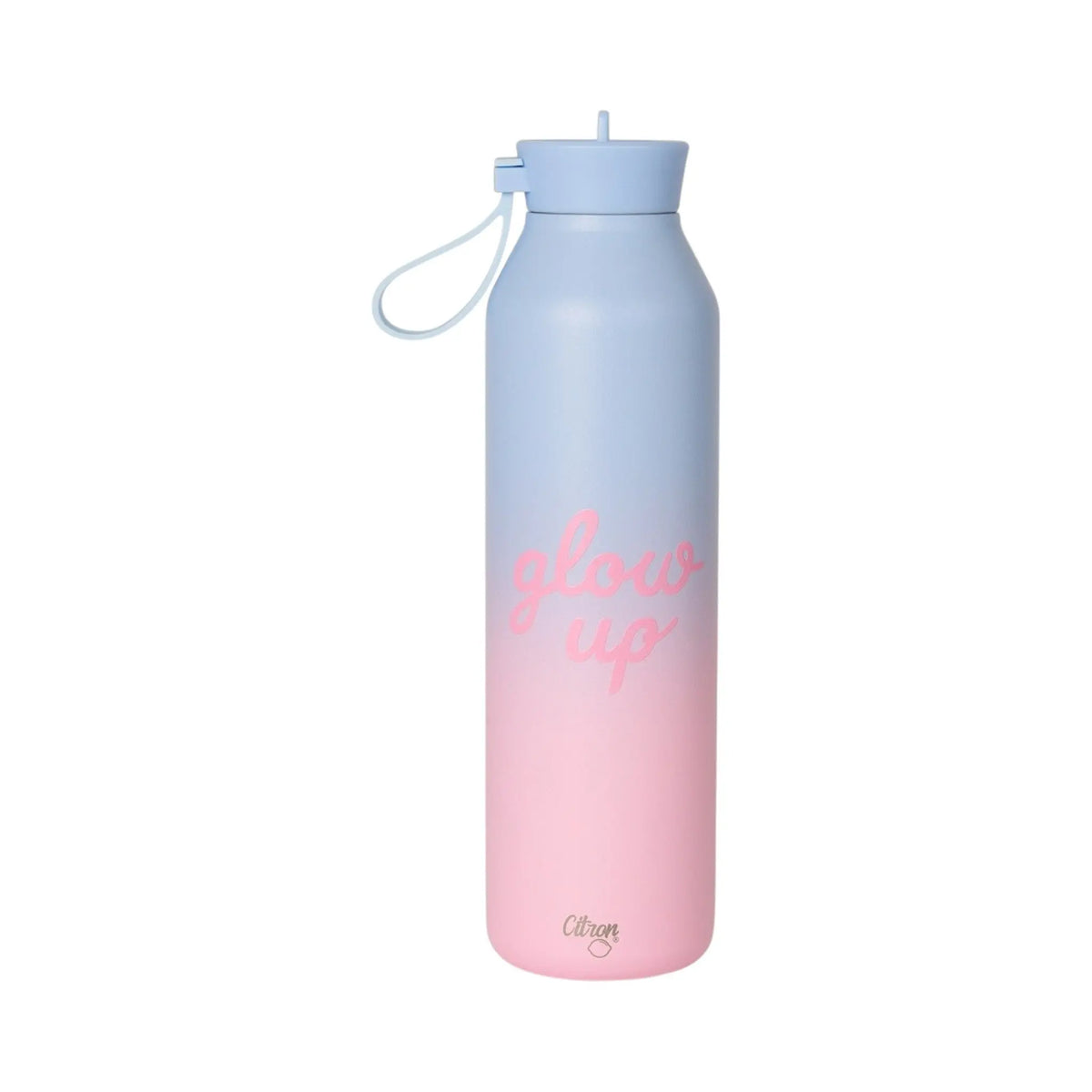 Lil Bunnies - The Collective 750ml water bottle with a pink and blue ombre design and glow up text