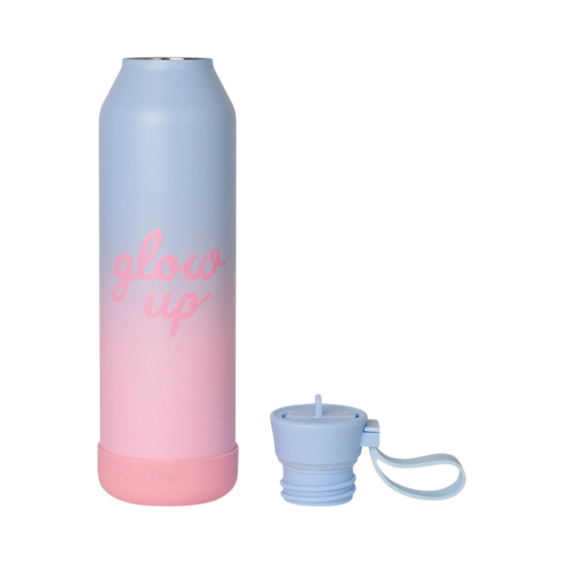 Lil Bunnies - The Collective 750ml water bottle in a pink and blue ombre finish with Glowup text and matching lid.