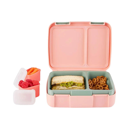 Lil Bunnies - The Collective pink and sage green cat-themed bento box with sandwich, pretzels, and fruit containers
