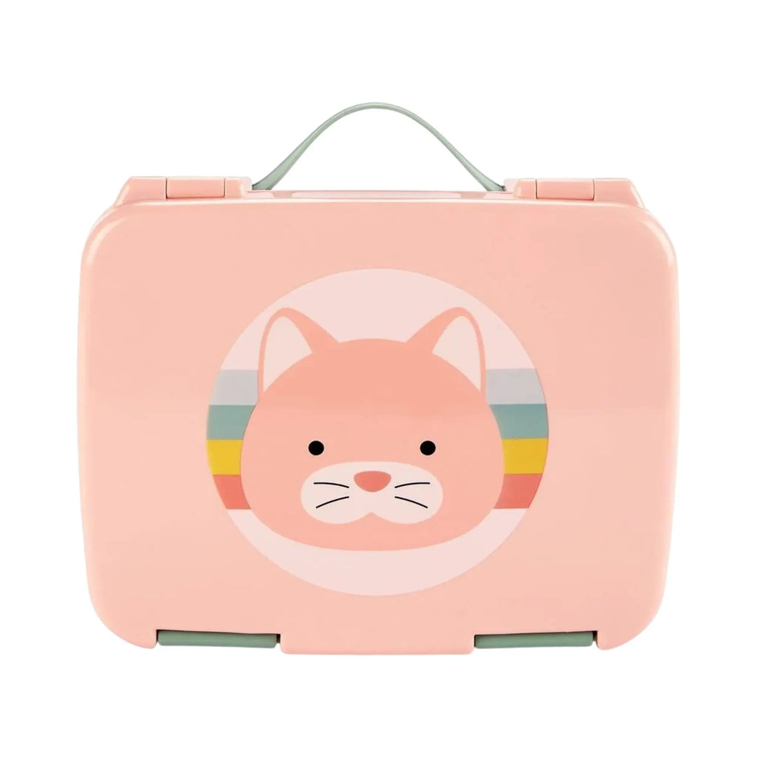 Lil Bunnies - The Collective pink Zoo Bento Box featuring a cute cat face illustration with a rainbow background