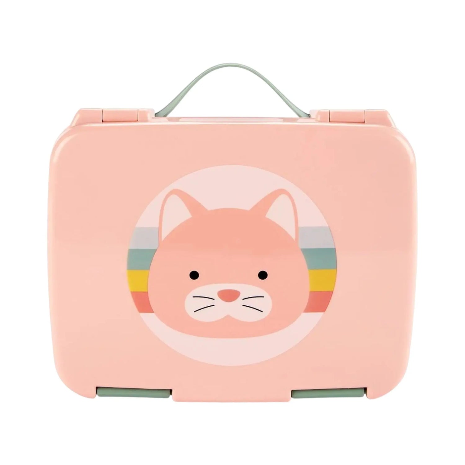 Lil Bunnies - The Collective pink Zoo Bento Box featuring a cute cat face illustration with a rainbow background