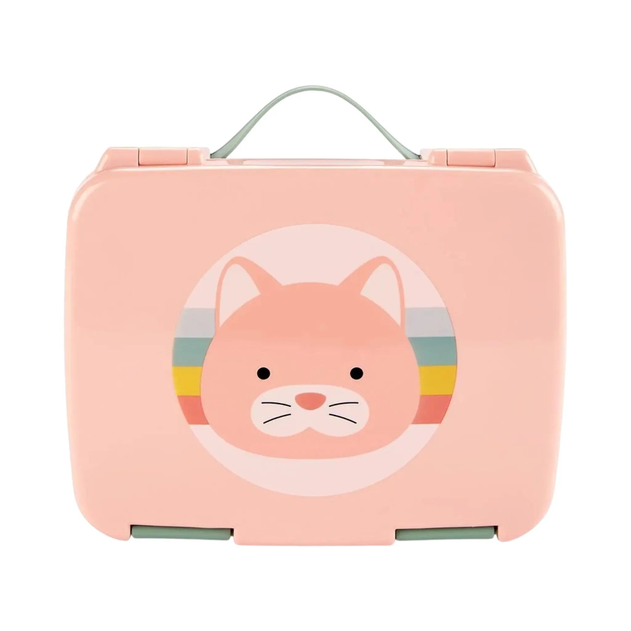 Lil Bunnies - The Collective pink Zoo Bento Box featuring a cute cat face illustration with a rainbow background