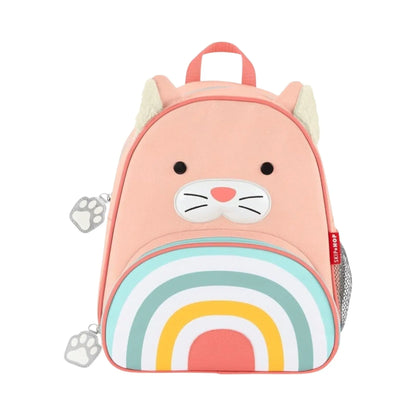 Lil Bunnies - The Collective pink cat-themed toddler backpack featuring a rainbow design and paw-shaped zipper pulls.