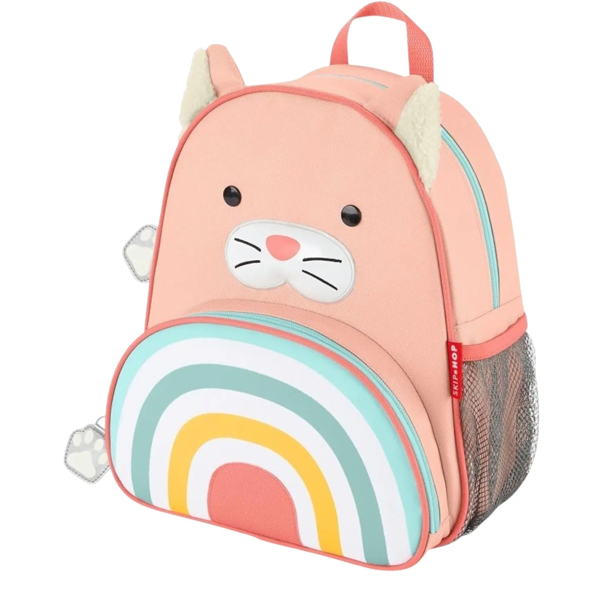 Lil Bunnies - The Collective pink cat zoo backpack for kids featuring a colourful rainbow front pocket and mesh side