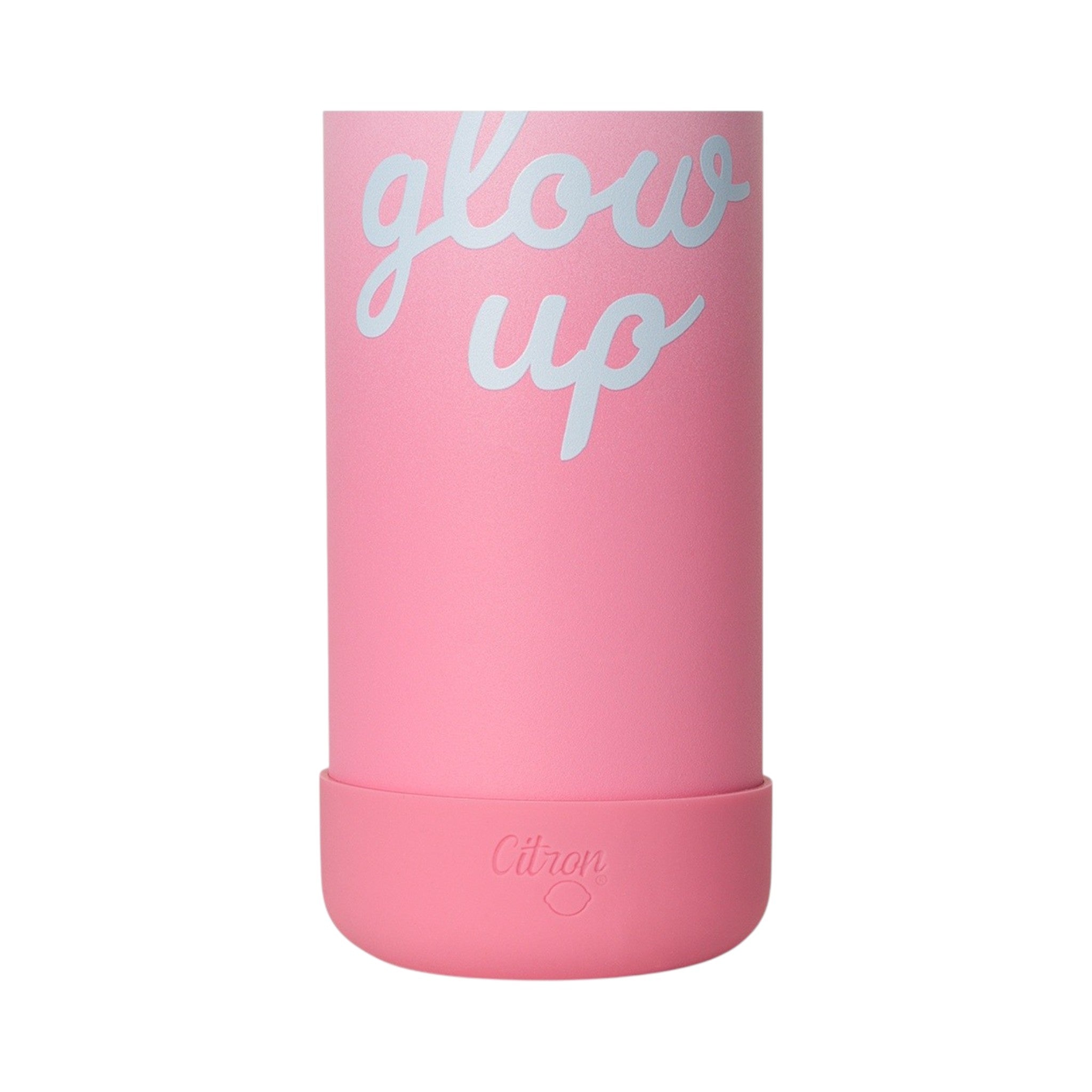 Lil Bunnies - The Collective 500ml pink water bottle with white glow up text and a protective silicone base