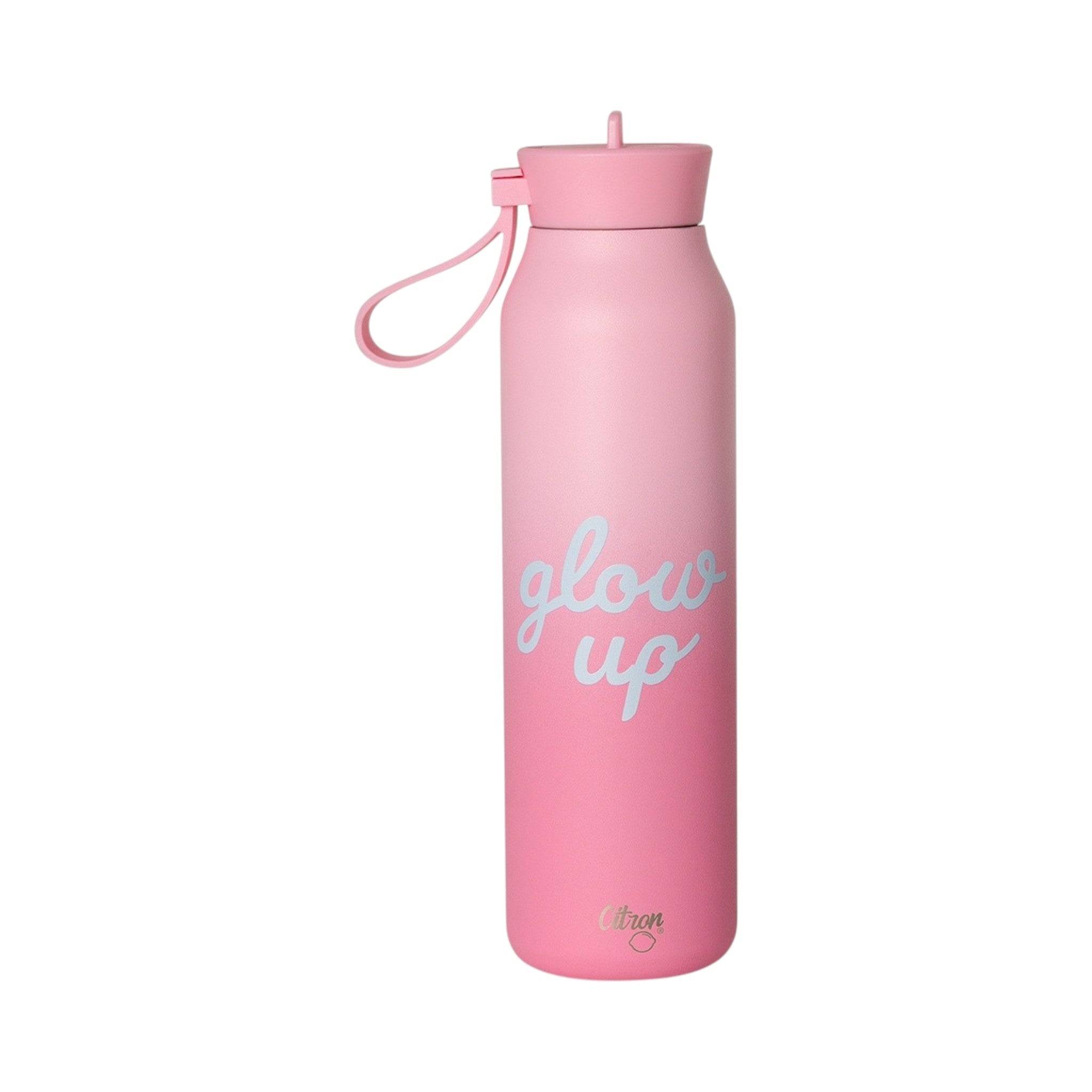 Lil Bunnies - The Collective 500ml pink ombre water bottle with glow up text and a convenient carry loop