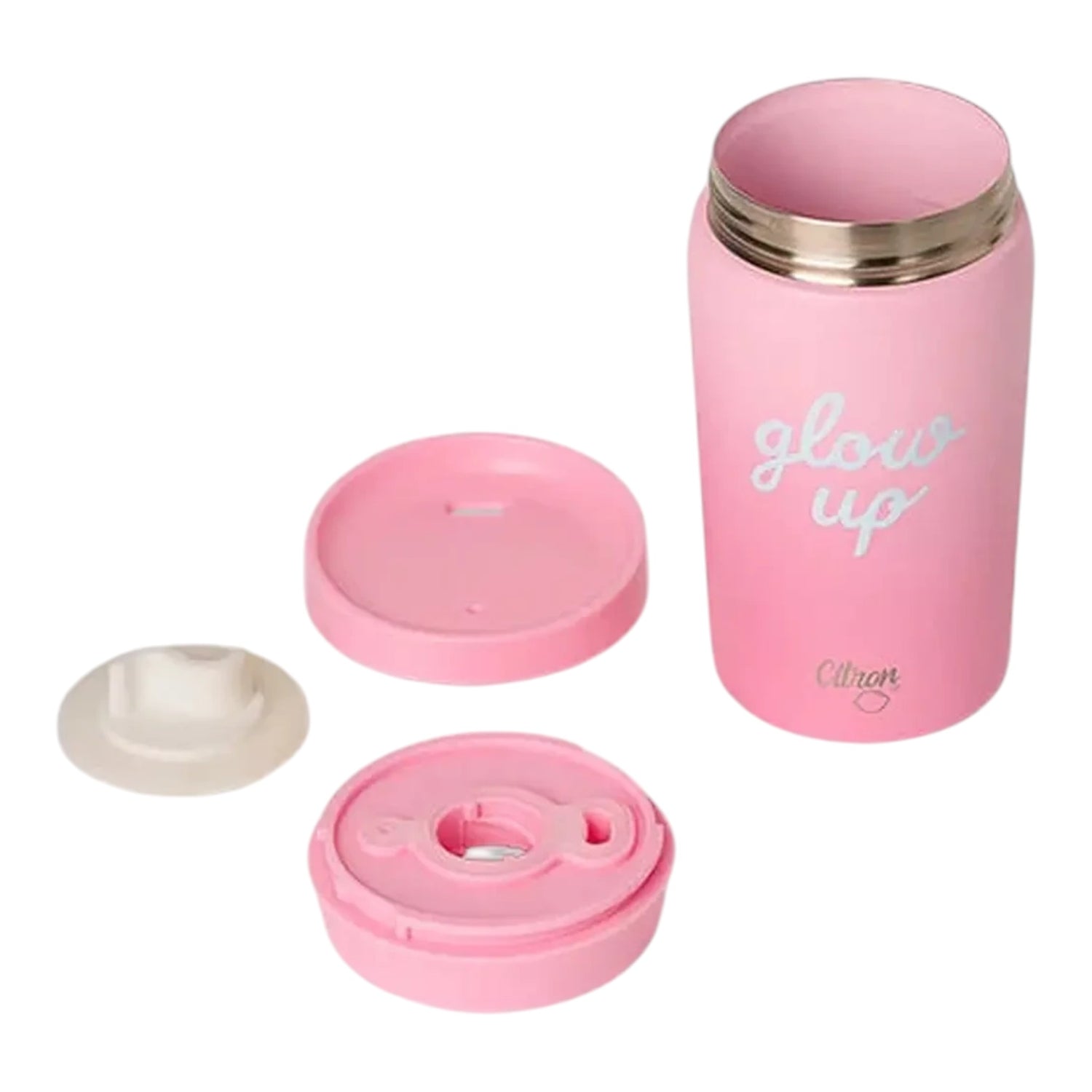 Lil Bunnies - The Collective 320ml pink insulated coffee mug with Glowup text and disassembled lid components