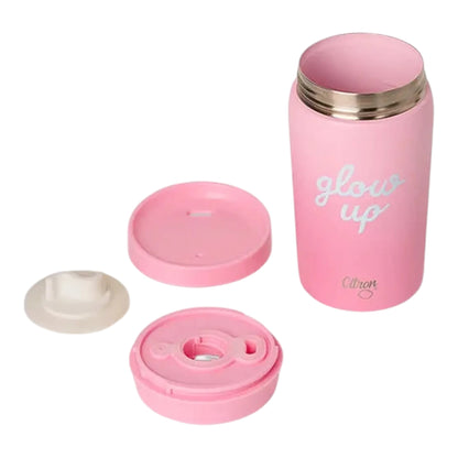 Lil Bunnies - The Collective 320ml pink insulated coffee mug with Glowup text and disassembled lid components
