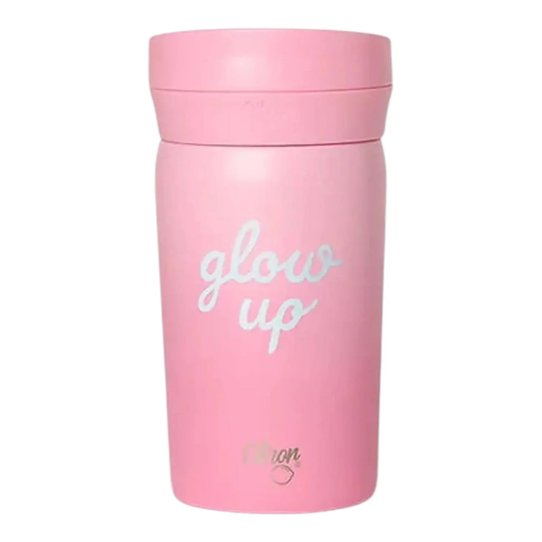 Lil Bunnies - The Collective 320ml pink travel coffee mug featuring a white Glowup script design