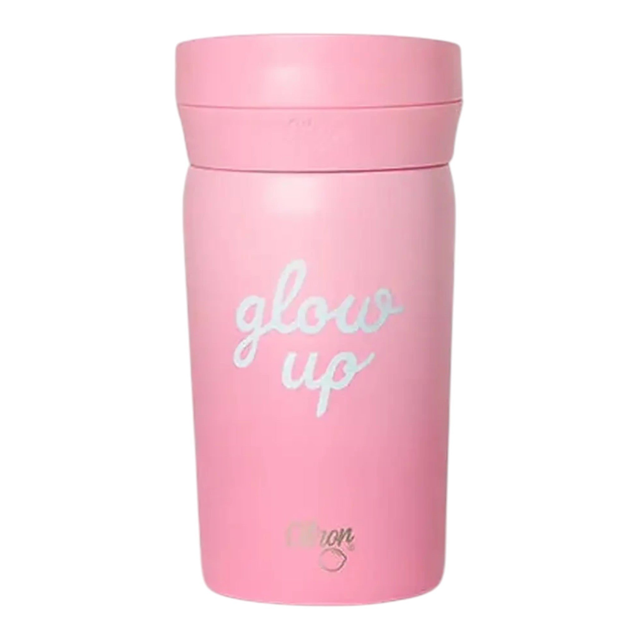 Lil Bunnies - The Collective 320ml pink travel coffee mug featuring a white Glowup script design
